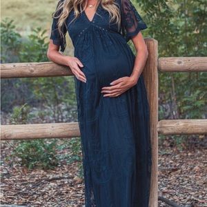 PinkBlush Navy Blue Lace Mesh Overlay Maternity Maxi Dress (Medium)